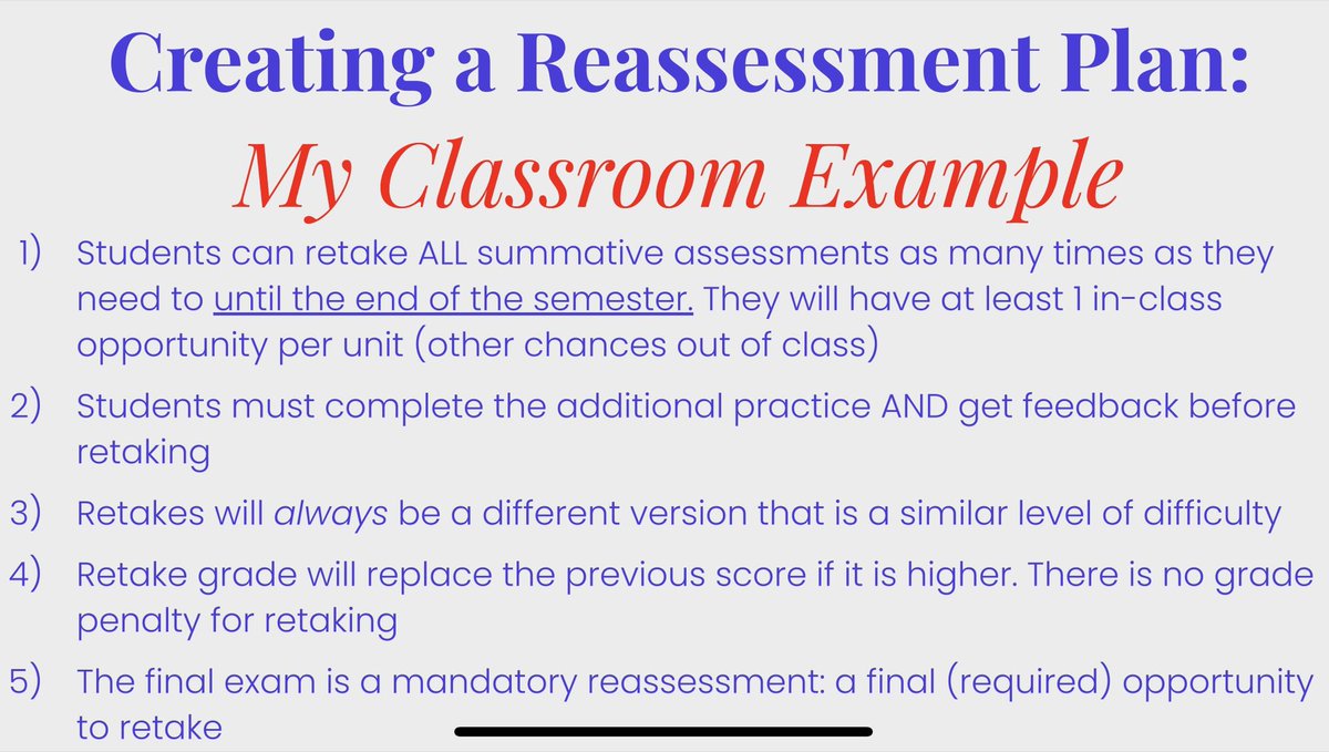 A comprehensive reassessment plan can do a lot to prevent unnecessary student failures. 

This is about accurately & equitably communicating student learning, not grade inflation.

Here’s mine⬇️ 
#edchat #sblchat