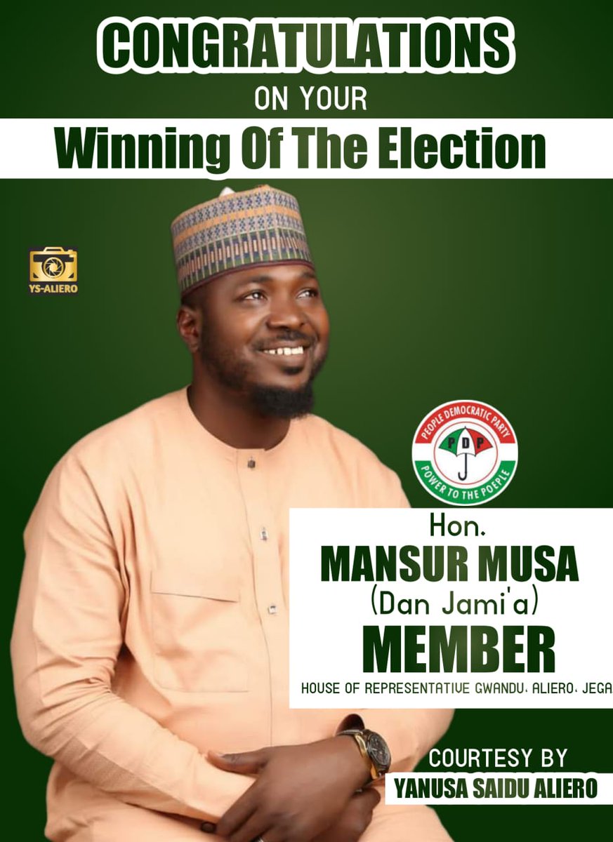Alhamdulillahi. Alhamdulillahi. Alhamdulillahi.

Mansur Musa Jega (Dan Jami'a) is a House of Representatives Member Representing Gwandu, Aliero and Jega Constituencies.

Thanks to Almighty God.