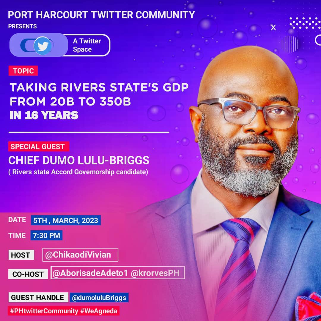 spicegirl_MITCH's tweet photo. Portharcourt Twitter Community, here's an opportunity to meet @DumoLuluBriggs , Rivers Accord Governorship Candidate. He plans to transform Rivers State. Let's hear him out tomorrow by 7;30pm.

#DLB2023 #DumoWillDoMore https://t.co/qvVjqz6U1h