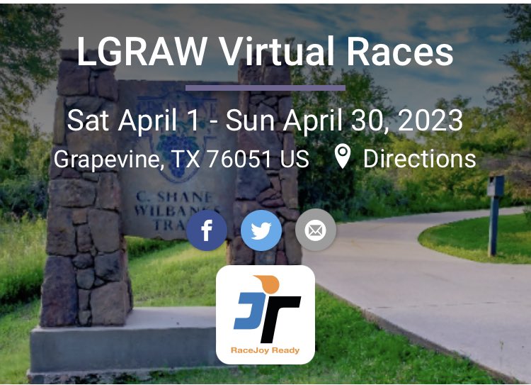 April 1-30, 2023, FREE virtual races on our established six, eight and 12 mile courses.
Details and registration at: runsignup.com/Race/TX/Grapev… 

#rungrapevine #lgraw #runclub #virtualrace #freevirtualrace #racejoyapp #runsignup #runchat