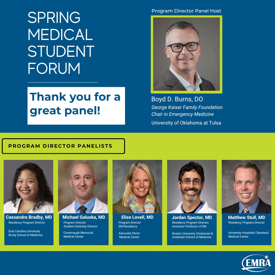 HUGE thank you to all our amazing panelists and our host for a very informative panel at the Spring Medical Student Forum!

<a href="/BoBurnsDO/">Bo Burns, DO, MBA, MHA FACEP</a> <a href="/NotSoLilMD/">Cassandra Bradby, MD</a> <a href="/GamerEMDoc/">gamerEMdoc</a> @Elise_Lovell @jserdoc <a href="/mjstull/">Matt Stull</a> 

#emresidents