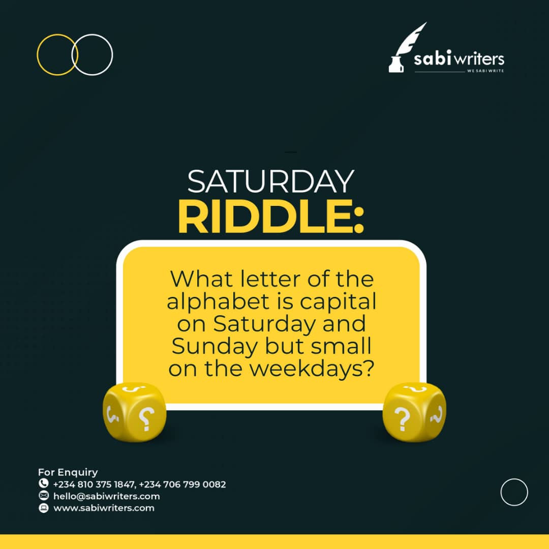 sabiwriters's tweet photo. How well do you know your riddles?
Can you tell that the answer is clear as daylight?
If yes, share your answer in the comments section.
#sabiwriters #sabilab #wesabiwrite #Saturday #riddle #weekend https://t.co/dFrgSBJixf