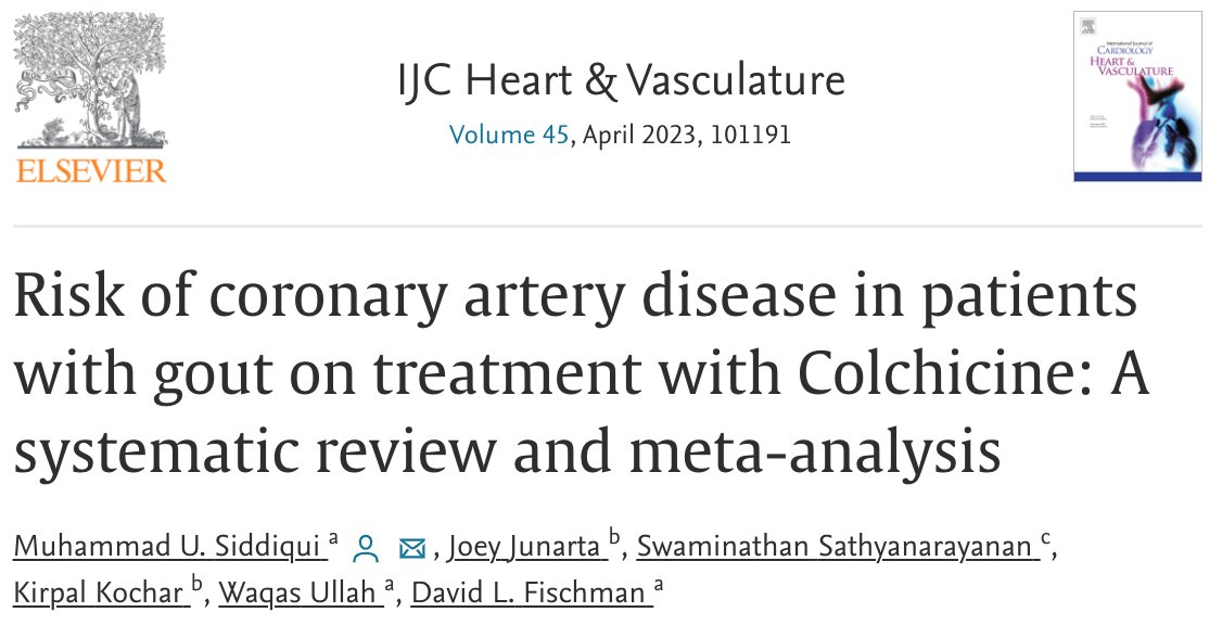 Delighted to share our new work! We found no difference in the risk of MI, CVA, or revascularization in gout patients treated with colchicine vs gout patients without colchicine @TJHeartFellows @KirpalKocharMD @SiddiqiUmer @vakasullah @fischman_david
