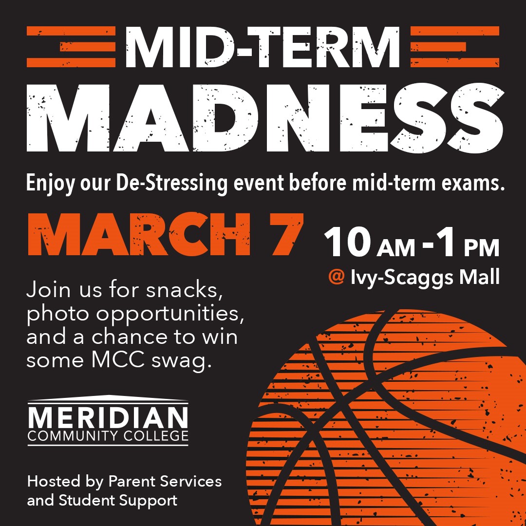 MCCEagles's tweet photo. MID-TERM MADNESS. MCC Students, de-stress before mid-terms! Enjoy snacks & chances to win swag March 7, 10am-1pm, at Ivy-Scaggs Mall.
#MccEagles #FindYourWings #MccStudents #MidTermMadness #De-Stress https://t.co/jVVumRvkmJ
