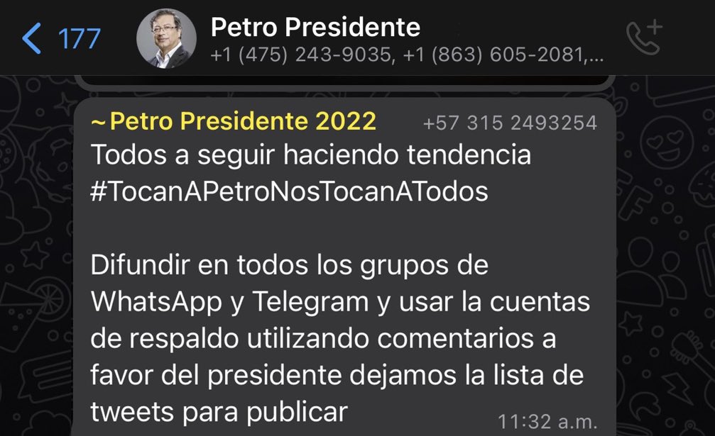 ByViral24's tweet photo. 🇨🇴 Redes denuncian La tendencia #TocanAPetroNosTocanATodos promovida por @GustavoBolivar sería  fabricada por las bodegas de grupos de WhatsApp y Telegram utilizando cuentas falsas y Bots para difundir “apoyo” al presidente @petrogustavo https://t.co/dTF7BlWJQv