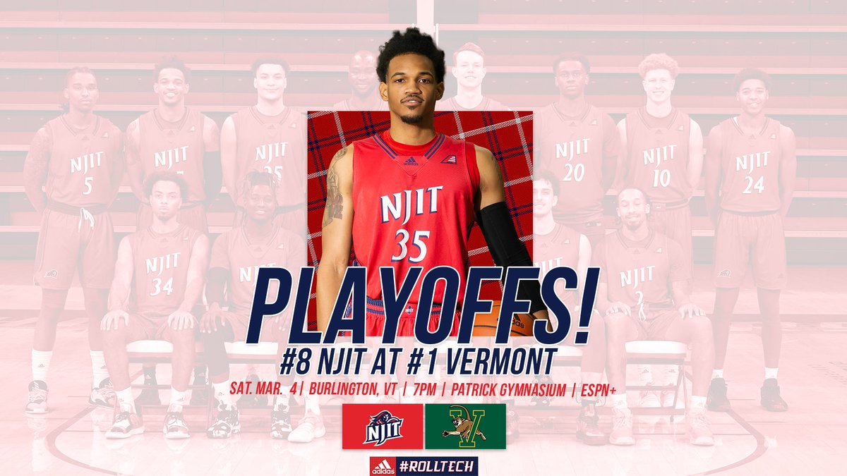NJITHoops's tweet photo. The @JerseyMikes #AEPlayoffs are Here...

#8 NJIT 🆚 #1 Vermont
📍| Burlington, VT
⌚️| 7pm
🏟️| Patrick Gymnasium
💻| ESPN+ https://t.co/LLg5frxKfN