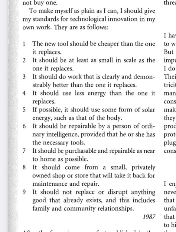 In the lens of Wendell Berry this is his standard for something to be considered technological innovation.

What fits this bill today?