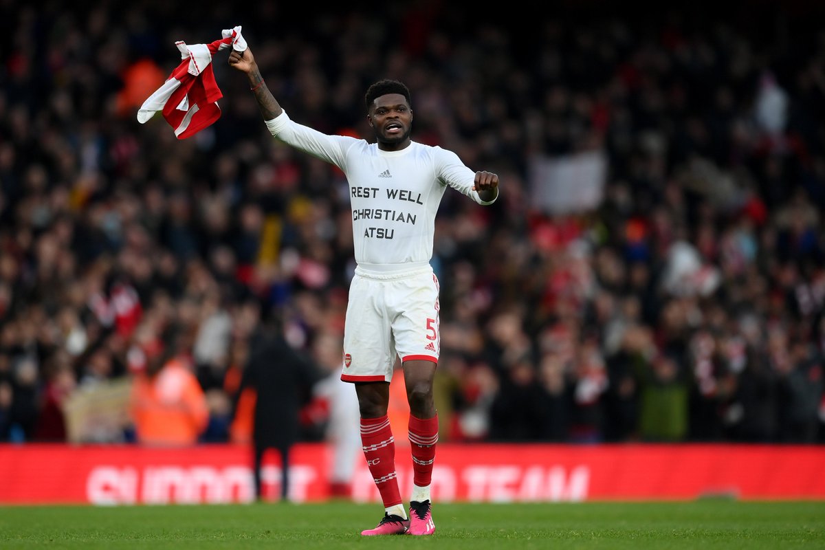 ChrisWheatley's tweet photo. Thomas Partey wearing a shirt paying tribute to the late Christian Atsu 🇬🇭 https://t.co/bxjxFDoTB5