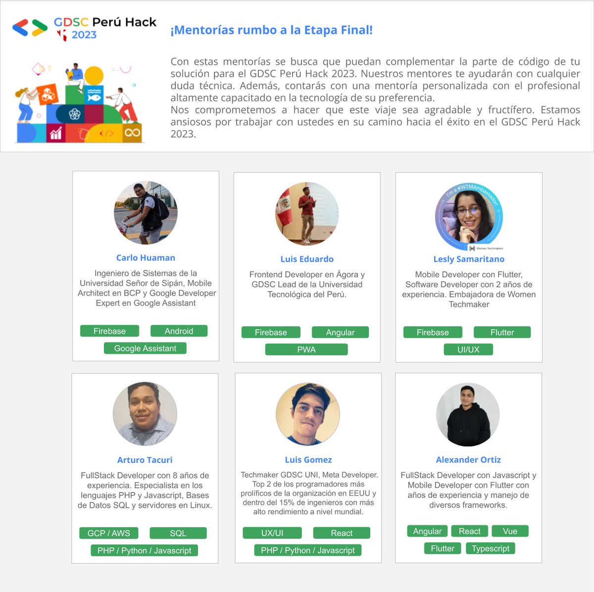gdsc_peru's tweet image. ¡Conozcan a nuestros mentores del #GDSCPerúHack2023!
Están aquí para compartir su conocimiento y ayudar a mejorar tus habilidades. Desde programación y diseño hasta estrategias de negocios y liderazgo, nuestros mentores están listos para responder tus dudas!
#SolutionChallenge