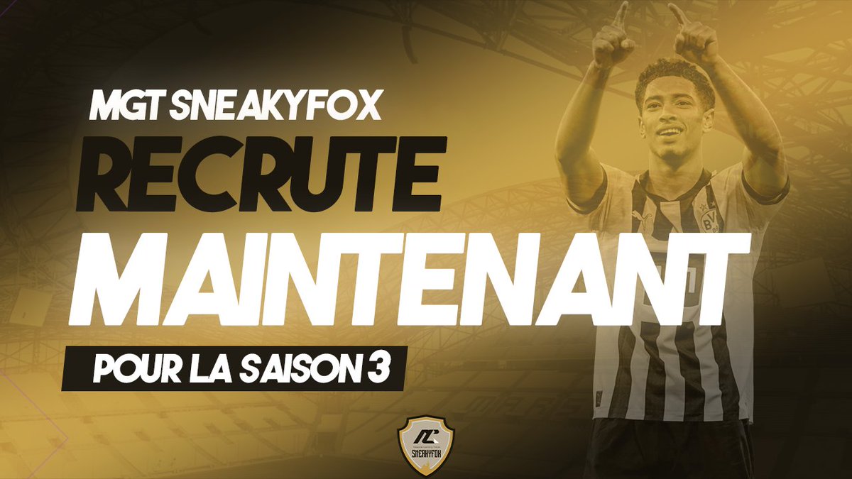 [ANNONCE RECRUTEMENT]
#FIFA23

SneakyFox sous structure <a href="/Mgt13Es/">STRUCTURE MGT</a> recrute au poste suivant :

🎽DC 
🎽DG/DD
🎽MDC/MC
🎽AILIER

📋 4-3-3
* Expérience requise

🔁 RT apprécié
@EfaOffficiel @French_League_ <a href="/SwissVPG/">VPG Switzerland 🇨🇭</a> <a href="/belgique_vpg/">VPG BELGIQUE 🇧🇪</a> <a href="/BDX_CHAMPIONS/">⚽️ BDX CHAMPION’S ⚽️</a>