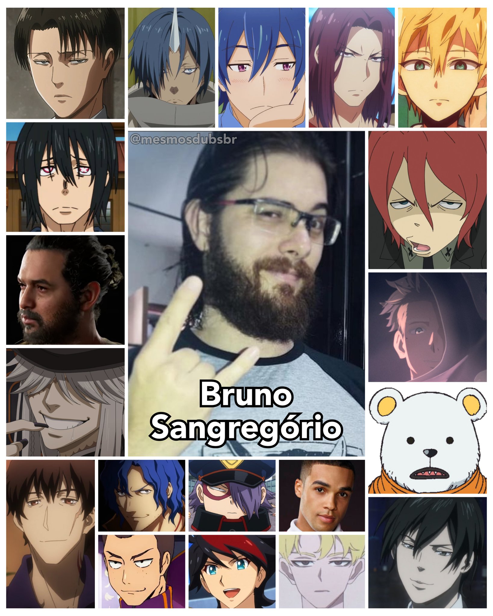 Personagens Com os Mesmos Dubladores! on X: Um dos mais fenomenais  dubladores de destaque nos últimos anos, Bruno Sangregório é um  profissional excelente! Bruno é conhecido por dublar o Levi Ackerman em