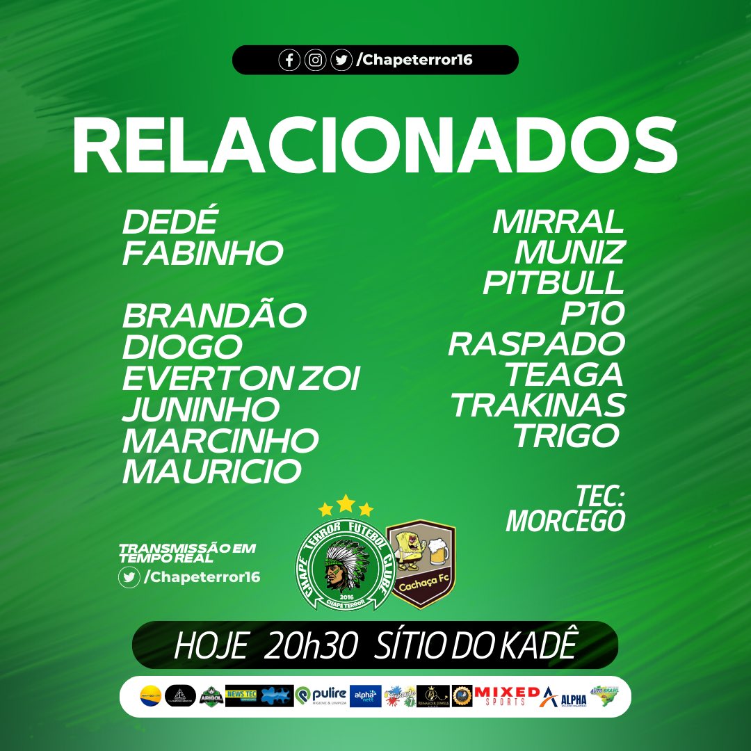 VAI COMEÇAR A BRINCADEIRA 🥳

Na noite de hoje, a Chape encara o Cachaça, às 20h30, no sítio do Kadê. 
💚 Confiram os RELACIONADOS da partida deste sábado. 

ANOTOU AÍ? HOJE TEM CHAPE, AMOR 🫶🏻 #EuSouDaChape #oSeuTerror