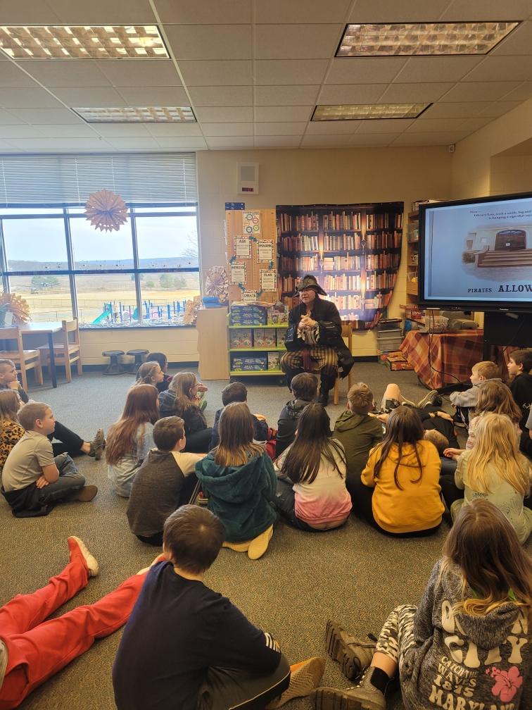 JohnZesiger's tweet photo. Enjoyed playing Big Pirate Pete to read No Pirates Allowed Said Library Lou to @MV_Knights 4th graders! @AjharArt @rgowgreene @NEAToday #MVReEnergized https://t.co/RPkP7nBBnE