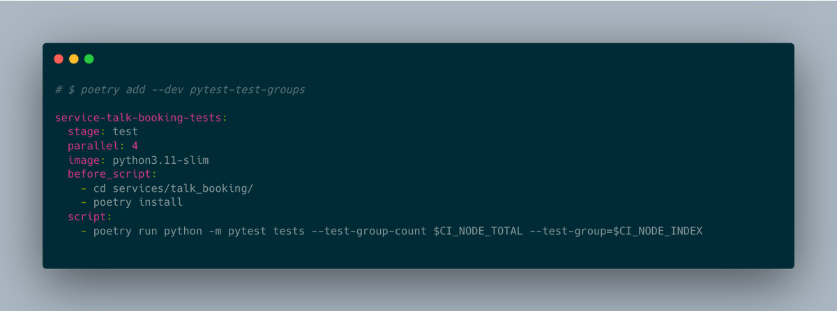 testdrivenio's tweet photo. Python tip:

Use pytest-test-groups to run your tests in parallel

Very useful for CI/CD runs

Example for GitLab CI/CD

👇 https://t.co/UgdoEV9ziy