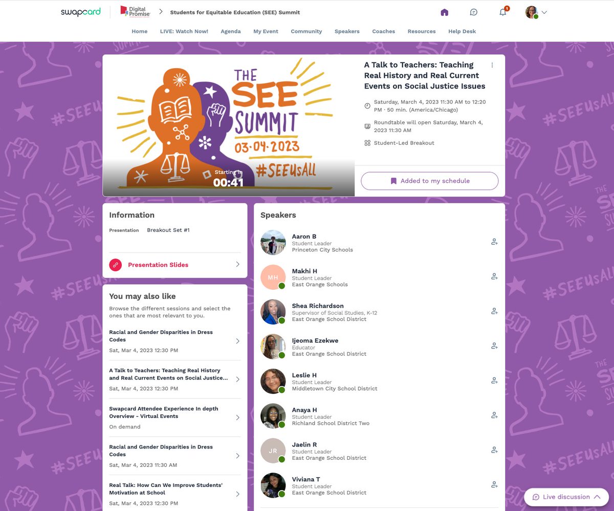 Screenshot of <a href="/Swapcard/">Swapcard</a> platform during <a href="/DigitalPromise/">Digital Promise</a> Students for Equitable Education (SEE) Summit  #seeusall