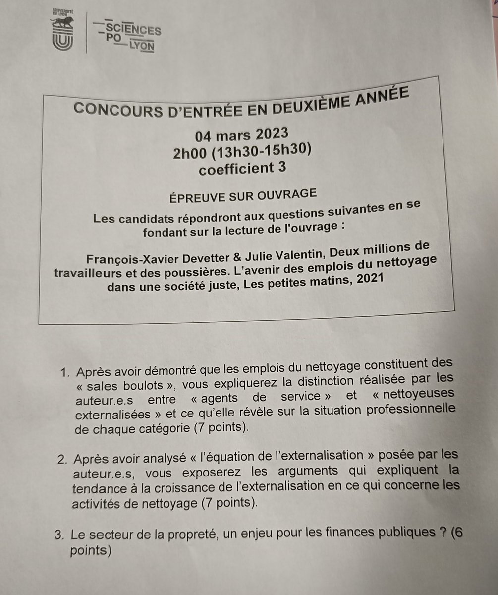 Baptistebenoit's tweet photo. 📚 #Concours SciencesPo Lyon +1 : 2023 ➡️ Questions sur l’ouvrage #devetter #julievalentin : «Travailleurs du nettoyage» #iep #sciencespo #sciencespolyon #sociologie https://t.co/0muvLmMKsZ