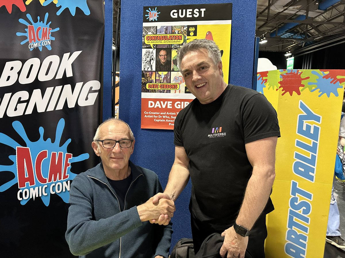 Great to meet <a href="/davegibbons90/">Dave Gibbons</a> one of my heroes unexpectedly today at the @Acmecomiccon. Managed to get a signed copy of #Confabulation. Good to meet @tim_pilcher too. <a href="/SpyQuest/">Spy Quest</a>