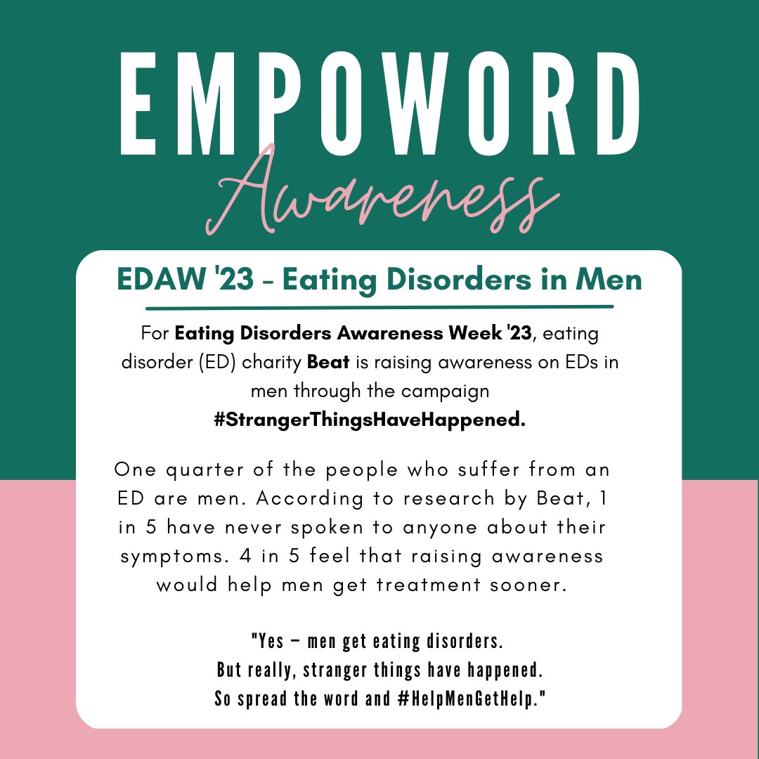 empowordjournos's tweet image. TW: Eating disorders

For Eating Disorders Awareness week &apos;23, @beatED gathered data on men&apos;s experiences of EDs.

It&apos;s important to break gender stereotypes surrounding EDs, to #HelpMenGetHelp.

#EatingDisordersAwarenessWeek #StrangerThingsHaveHappened