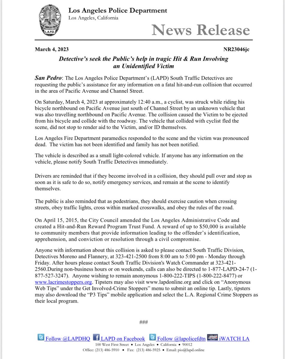 LAPD News: NR23046jc Detective’s Seek The Public’s Help In Tragic Hit And Run Involving An Unidentified Victim