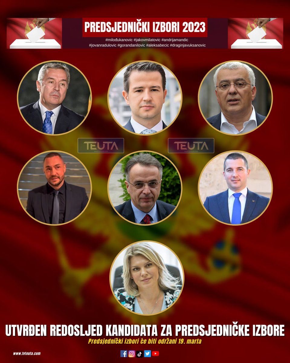 tv_teuta's tweet photo. Utvrđen redosljed kandidata za predsjedničke izbore:

#predjednicki #izbori #crnagora #milođukanovic #jakovmilatovic #andrijamandic #jovanradulovic #gorandanilovic #aleksabecic #draginjavuksanovic https://t.co/8P28Sd5Brp