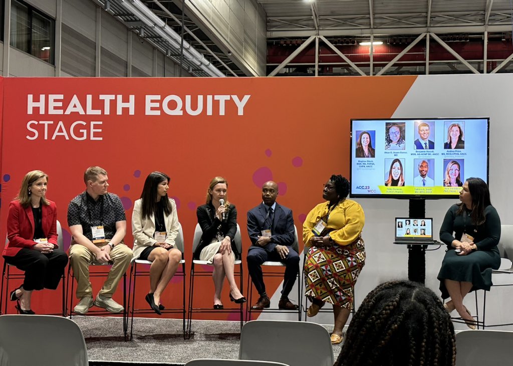 We’ve arrived at #ACC23! Starting with @KimGSmolderen and an ACC panel on Diversity, Equity, and Inclusion. #ACCDiversity goals are 1) create a culture of health equity 2) prioritize health equity in all ACC activities, and 3) decrease disparities in CV medicine. #healthequity