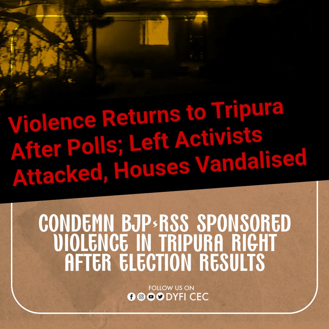 The DYFI Central Executive Committee strongly condemns the attack BJP and RSS have unleashed upon the people of Tripura right after the results of state legislative elections are out.
#tripura #BJPViolence #elections