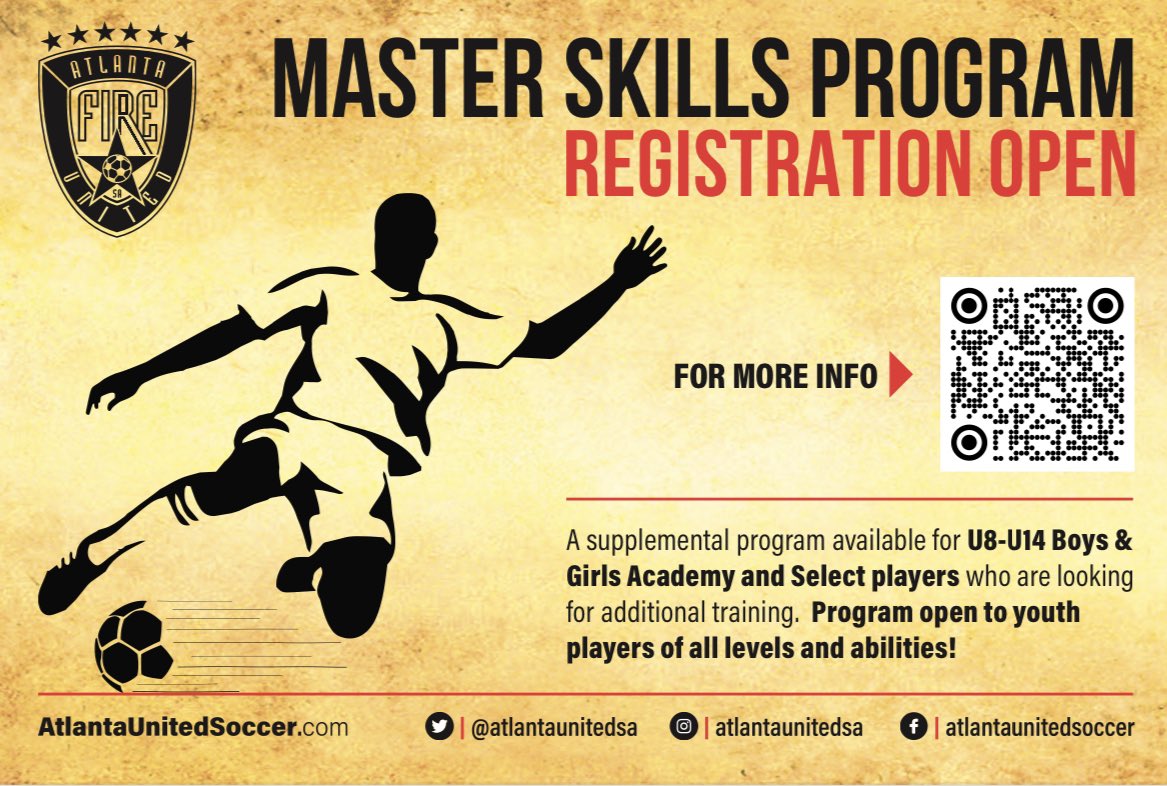 Master Skills Program session is this Sunday, March 5th at 5:00 pm - 6:00 pm at George Pierce Park. This first session is FREE!!  ⚽️#weareafu Registration: atlantaunitedsoccer.com/Default.aspx?t…