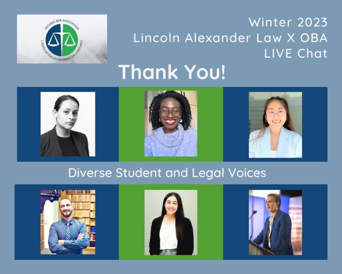 oksanaromanov's tweet photo. Dear #lawstudents, OBA Members and #Lawyers, #ThankYou for sharing your diverse student &amp; legal voices on the @LincAlexLawTMU x @OBAlawyers LIVE Chat this semester! @leonicka, Muskan Balagan, @HaydnBechthold, Murat Kenan Can, Kate Yau &amp; @bhuvanasaurus! #LincolnProud #StudentEdge https://t.co/B8YMViut1f