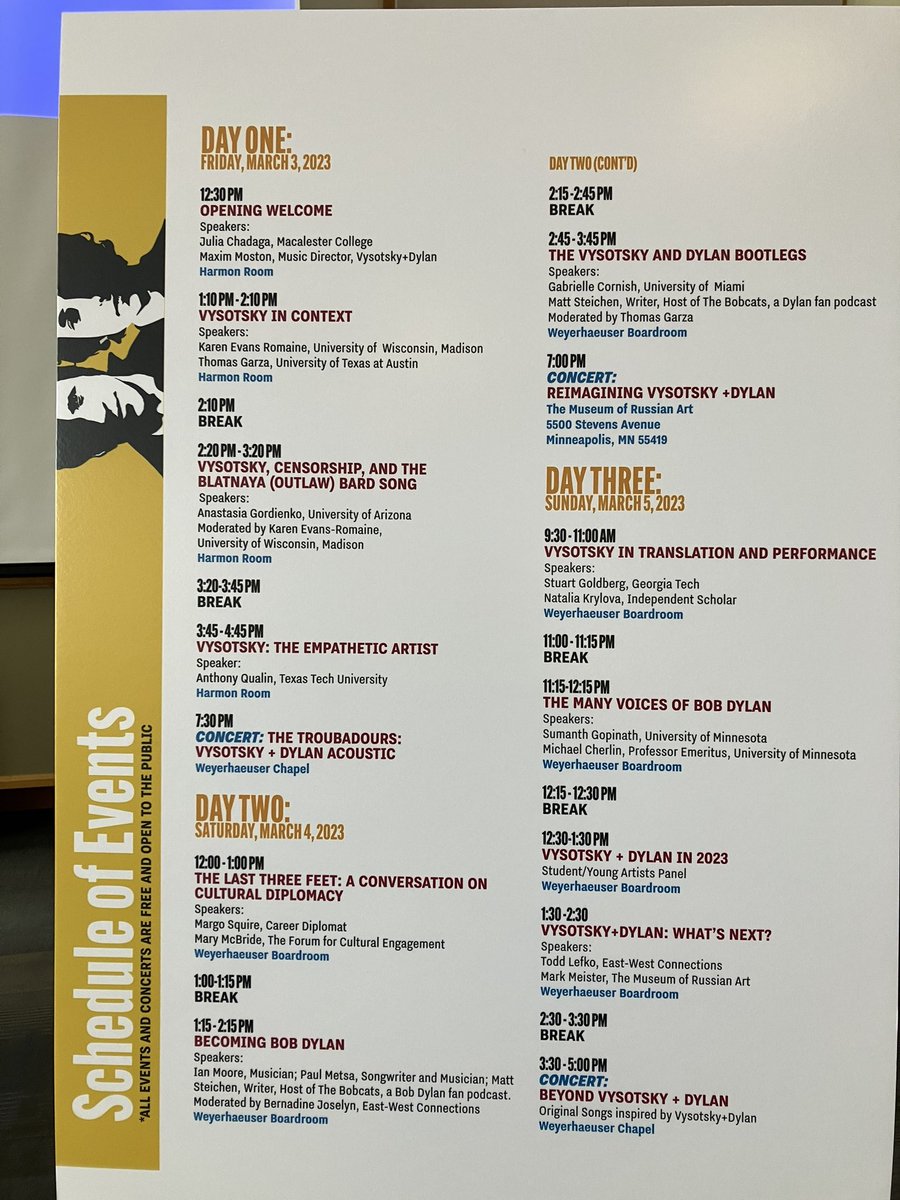 Thrilled to be hosting a panel today <a href="/Macalester/">Macalester College</a> on “Becoming Dylan” with <a href="/gogoIan/">Ian Moore</a> <a href="/PaulMetsa/">Paul Metsa</a> <a href="/Matt_Stike/">Matt Steichen</a> on #Dylan ‘s early years and influences. #Vysotsky+Dylan #MNRoots