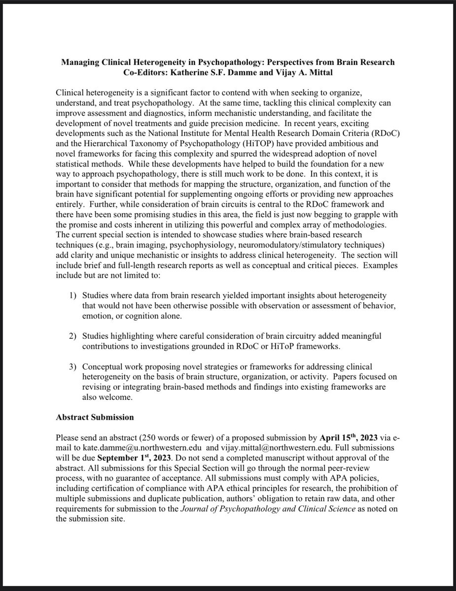 Aidan Wright (@aidangcw) on Twitter photo Excited to announce a call for a new special section at the Journal of Psychopathology and Clinical Science (prev Journal of Abnormal Psych) on Heterogeneity in Psychopathology from Perspective of Brain Science headed up by Katherine Damme and <a href="/vijayamittal1/">Vijay Mittal</a>
See pic
Please RT! Excited to announce a call for a new special section at the Journal of Psychopathology and Clinical Science (prev Journal of Abnormal Psych) on Heterogeneity in Psychopathology from Perspective of Brain Science headed up by Katherine Damme and <a href="/vijayamittal1/">Vijay Mittal</a>
See pic
Please RT!