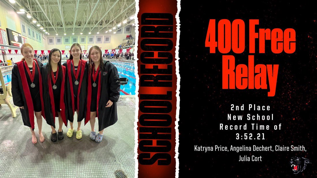 400 Free Relay - District XI Silver and a New School Record Time of 3:52.21.  Katryna Price, Angelina Dechert, Claire Smith, Julia Cort #SVPanthers
