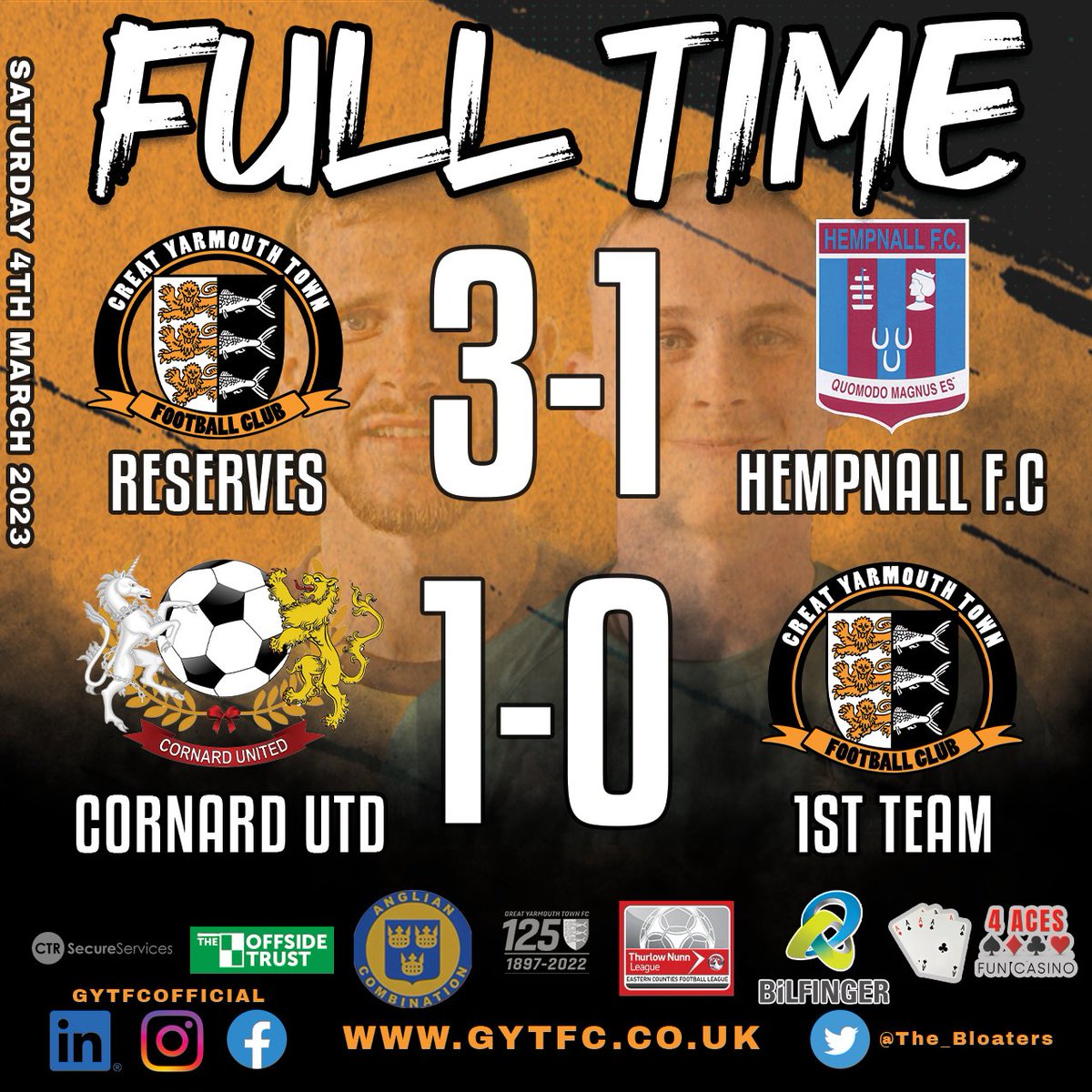 🧡🖤FULLTIME🖤🧡 
Well done to our Reserves who won 3-1 at home against Hempnall FC today.
Our 1st team just missed the mark today losing 1-0 away to Cornard United.
 #thebloaters #utb #upthebloaters #greatyarmouthtownfc #nonleague #thewellesley