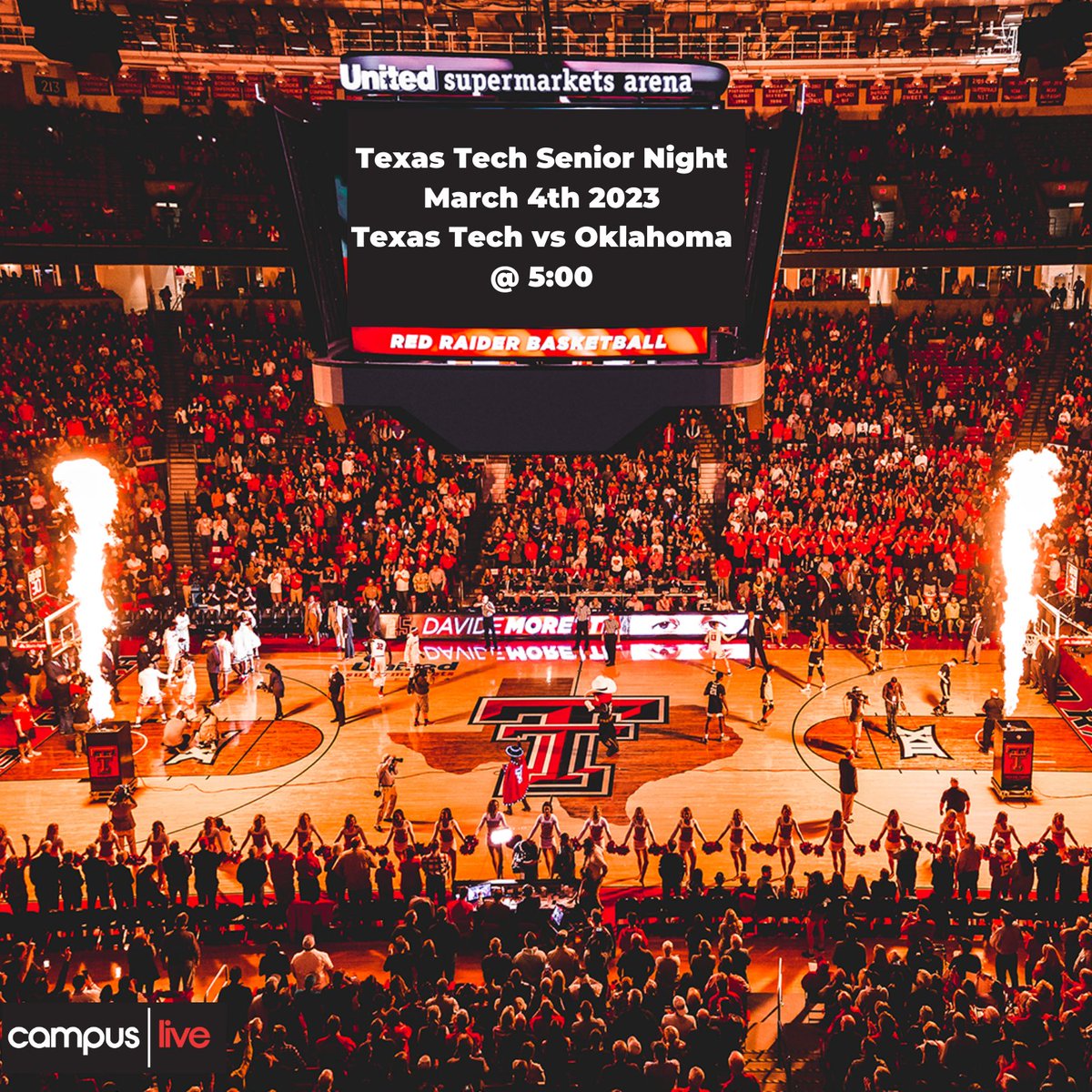 CampusLiveTTU's tweet photo. Hey fans, make sure to go out to tonight's game and support the Red Raiders! #ttulive #texastech #lubbock #seniornight #big12 https://t.co/6wc689PmW7