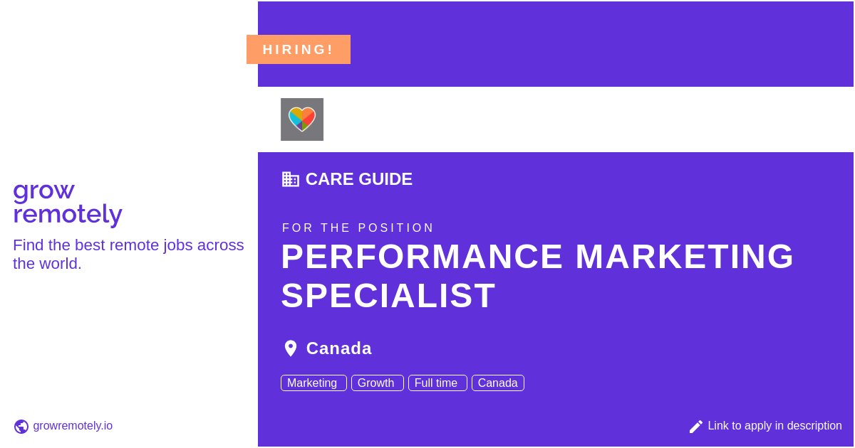 growremotelyio's tweet image. Check out this job at Care Guide for the position Performance Marketing Specialist.

 Apply link: growremotely.io/?id=64028de927…

#hiring #remotejobs #CareGuide #SalesandMarketing