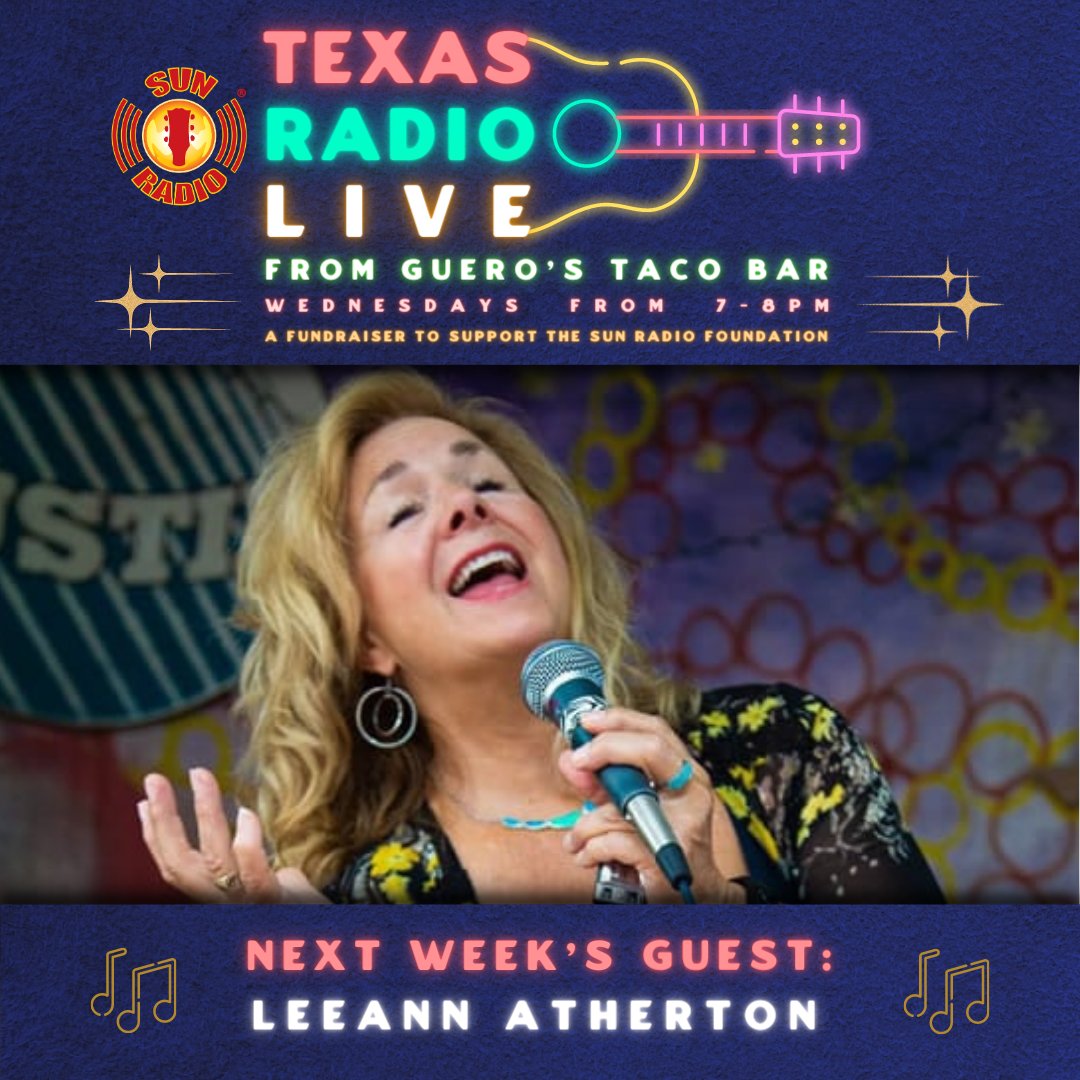 SunRadioTX's tweet photo. Next Wednesday at 7pm: Texas Radio Live in the Güero's Taco Bar Oak Garden with live music from LeeAnn Atherton!
More details at https://t.co/PfaOp1RfV0 🎶
#sunradio #texasradiolive #gueros #guerostacobar #livemusic #LeeAnnAtherton #ATXmusic
#southcongress #thingstodoatx #atx https://t.co/p5dcAWAcz5