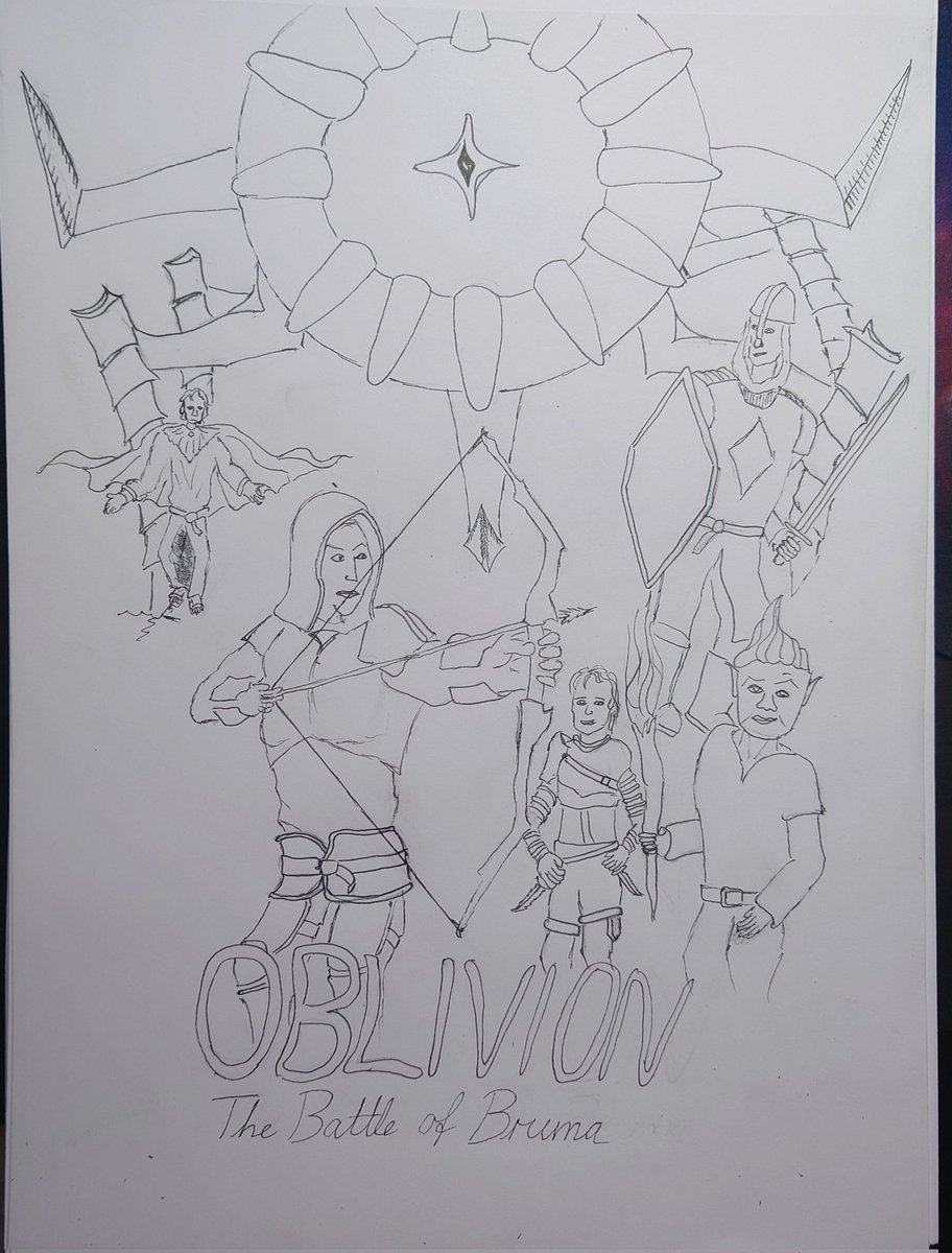 ThsBjerre's tweet photo. So for the last half a year I've been watching @ManyATrueNerd playing Oblivion and today he made a 30 second Avengers reference which I've spent all day making a poster for. Don't have the skill/patience to colour it in 😅 https://t.co/hQngpbGO16