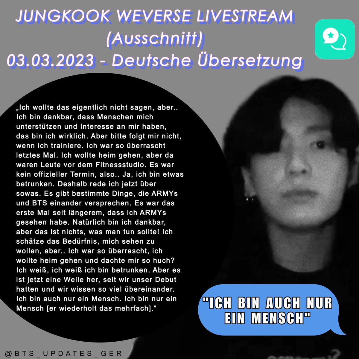 BTS_UPDATES_GER's tweet photo. Bitte folgt niemals den Membern während ihrer privaten Zeit und teilt auch keine Fotos/Videos, die in ihrer privaten Zeit entstanden sind! BTS sind auch nur Menschen, respektiert sie und ihre Privatsphäre! Wenn ihr nicht sicher seid, woher ein Bild/Video kommt, teilt es nicht!

+ https://t.co/No3wYlfTEo