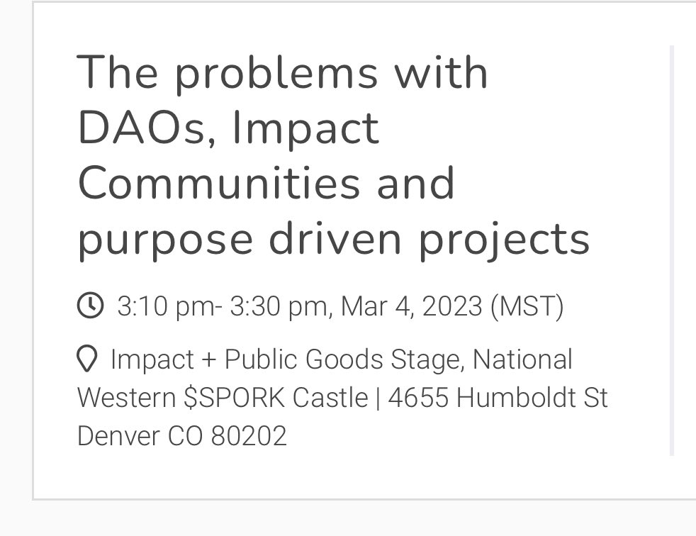 I’m speaking today at 3pm in the Impact + Public Goods Stage.

My talk is going to be about the issues that I’m seeing in our DAOs and impact communities.

Join me and reply to this tweet as I will be highlighting some of the responses.

💜see you there!