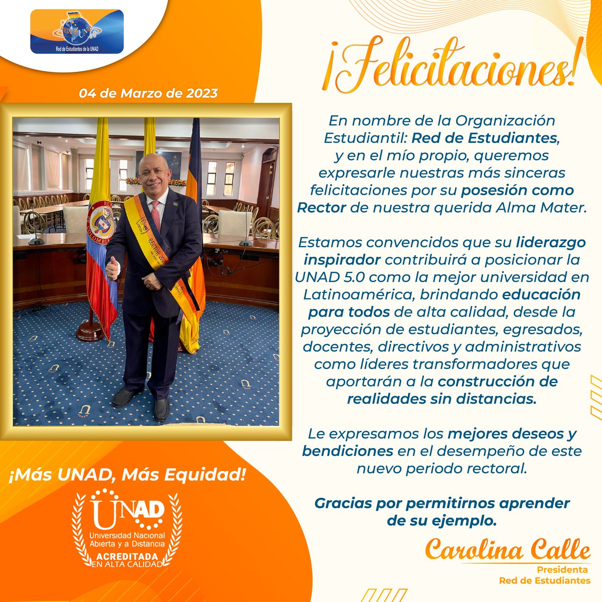 CaroCalleUNAD's tweet photo. Quiero expresarle mi más sinceras felicitaciones al doctor @JaimeLeal_  , por su posesión como Rector en nuestra querida Alma Mater @UniversidadUNAD  , para el periodo 2023-2027. ✨👏🏻

¡Felicitaciones, bendiciones y éxitos en este nuevo periodo rectoral ! 📚 https://t.co/fdWTYXoltB