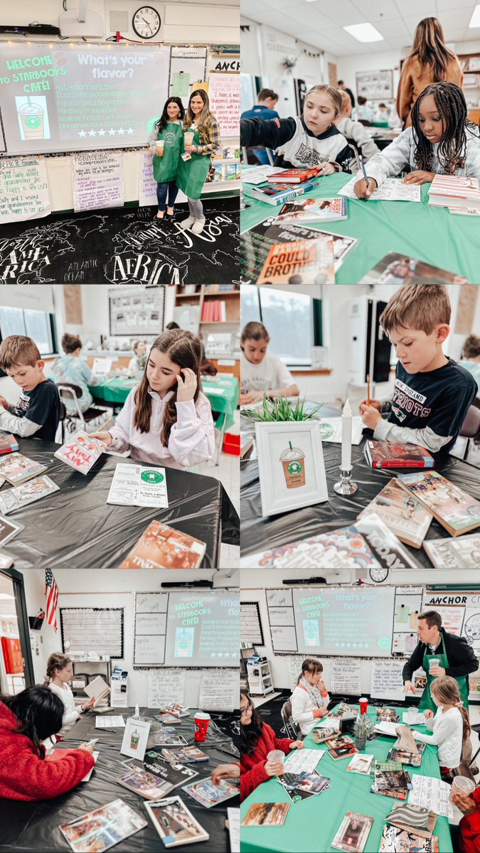 MrsTimpany's tweet photo. The StarBOOKS Café book tasting was everything! Students enjoyed sipping and tasting 5 different genres of books on #ReadAcrossAmericaDay. 📚💚🖤☕️ A day to remember! #learnwithahern @AhernMiddle @FPS_Literacy @FoxboroughPS https://t.co/mMIJ3JwxW9