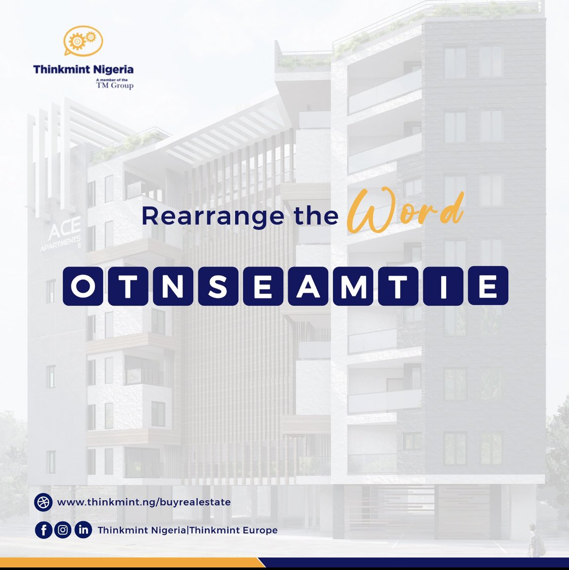 ThinkmintN's tweet photo. Rearrange the word 🔎

CLUE 📍 The answer is on the post . . . Somewhere 
.
.
.
.
#Puzzlegame #saturdaynightgames #maisonette #guesstheword https://t.co/xVnB52IgM4