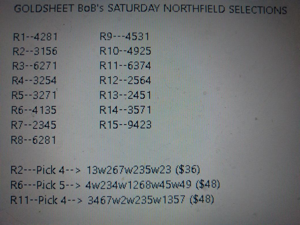 BoB Eppich on Twitter "Saturday 3423 Northfield Park selections