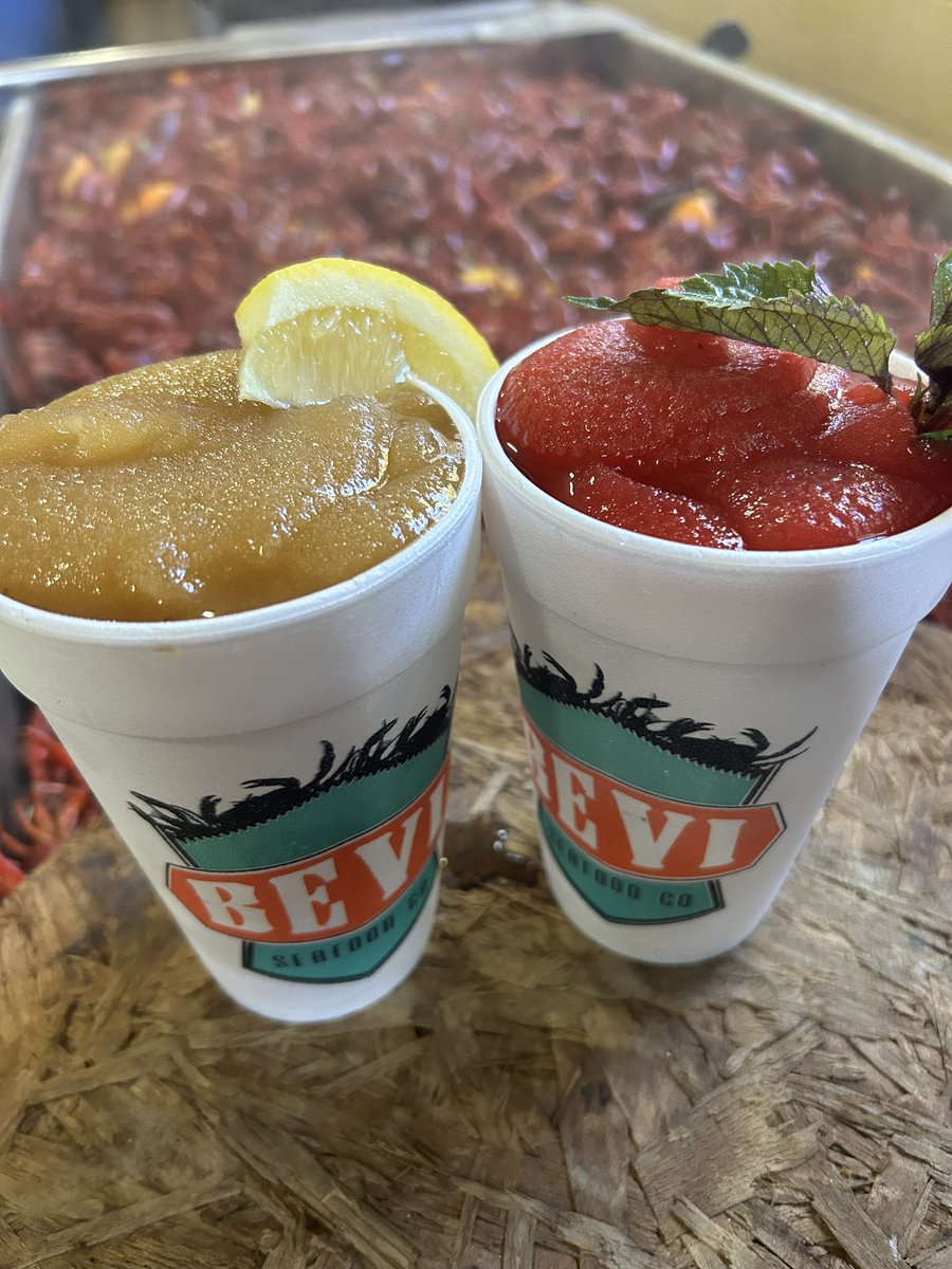 Perfect weather for CRAWFISH &amp; DAIQUIRIS. Louisiana Strawberry w/ rum.  Frozen John Daly - sweet tea, fresh lemonade, &amp; <a href="/DrinkCathead/">Cathead Distillery</a>.