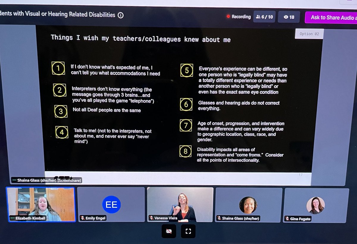 I’ve been waiting so long for a session on visual and hearing related disabilities. Thank you ⁦<a href="/csteachersorg/">CS Teachers Association (CSTA)</a>⁩ Elizabeth Kimball and Gina Fugate for sharing. #EquityinAction ⁦<a href="/CSTANewJersey/">CSTANJ</a>⁩ ⁦<a href="/Cs4Nj/">CS4NJ</a>⁩ #CompSciNJ
