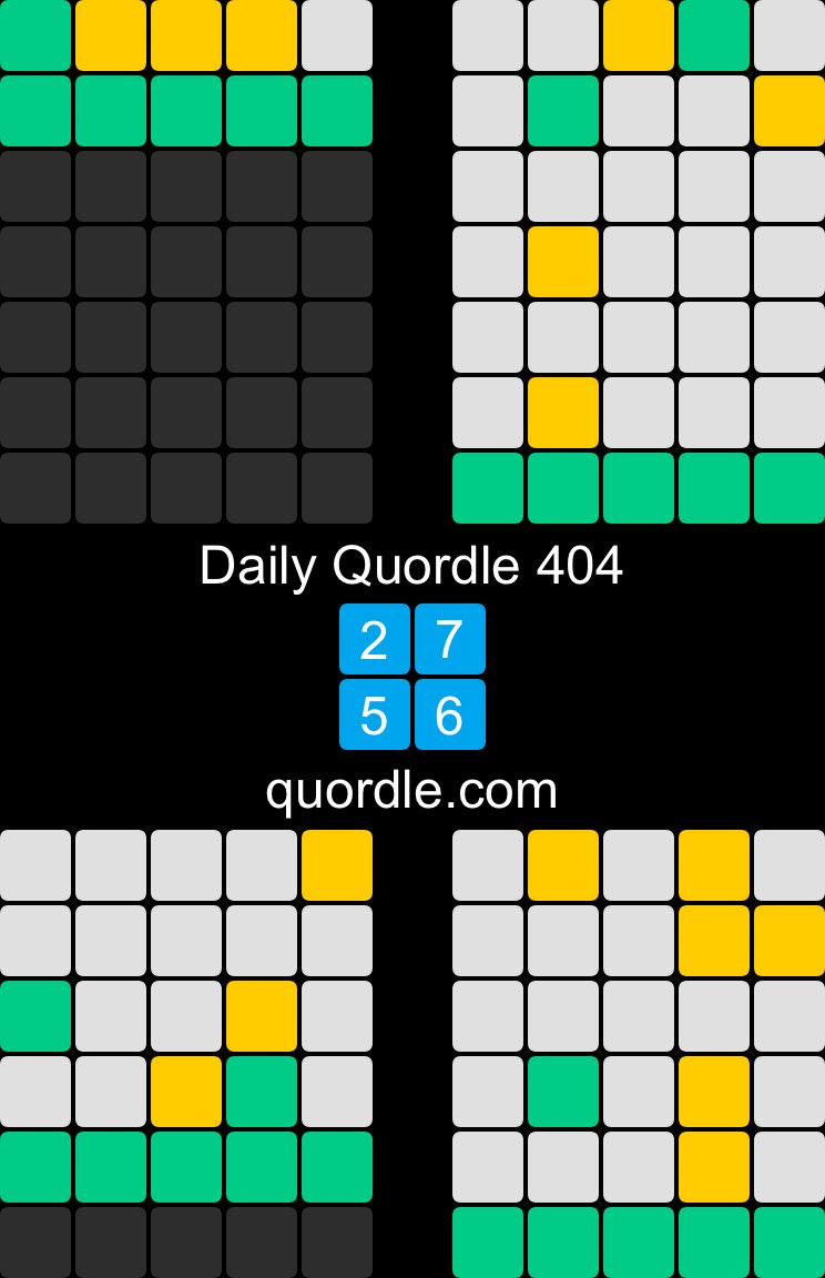 Daily Quordle 404
2️⃣7️⃣
5️⃣6️⃣
quordle.com