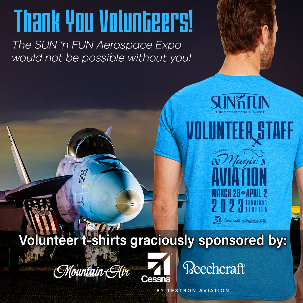 SunnFunFlyIn's tweet image. If you need something at #SNF23, look for our volunteer "magicians" in these awesome blue shirts thanks to #MountainAir and @Textron's @Cessna and @Beechcraft!  For more on our shirt sponsors, check out bit.ly/3m3VRic