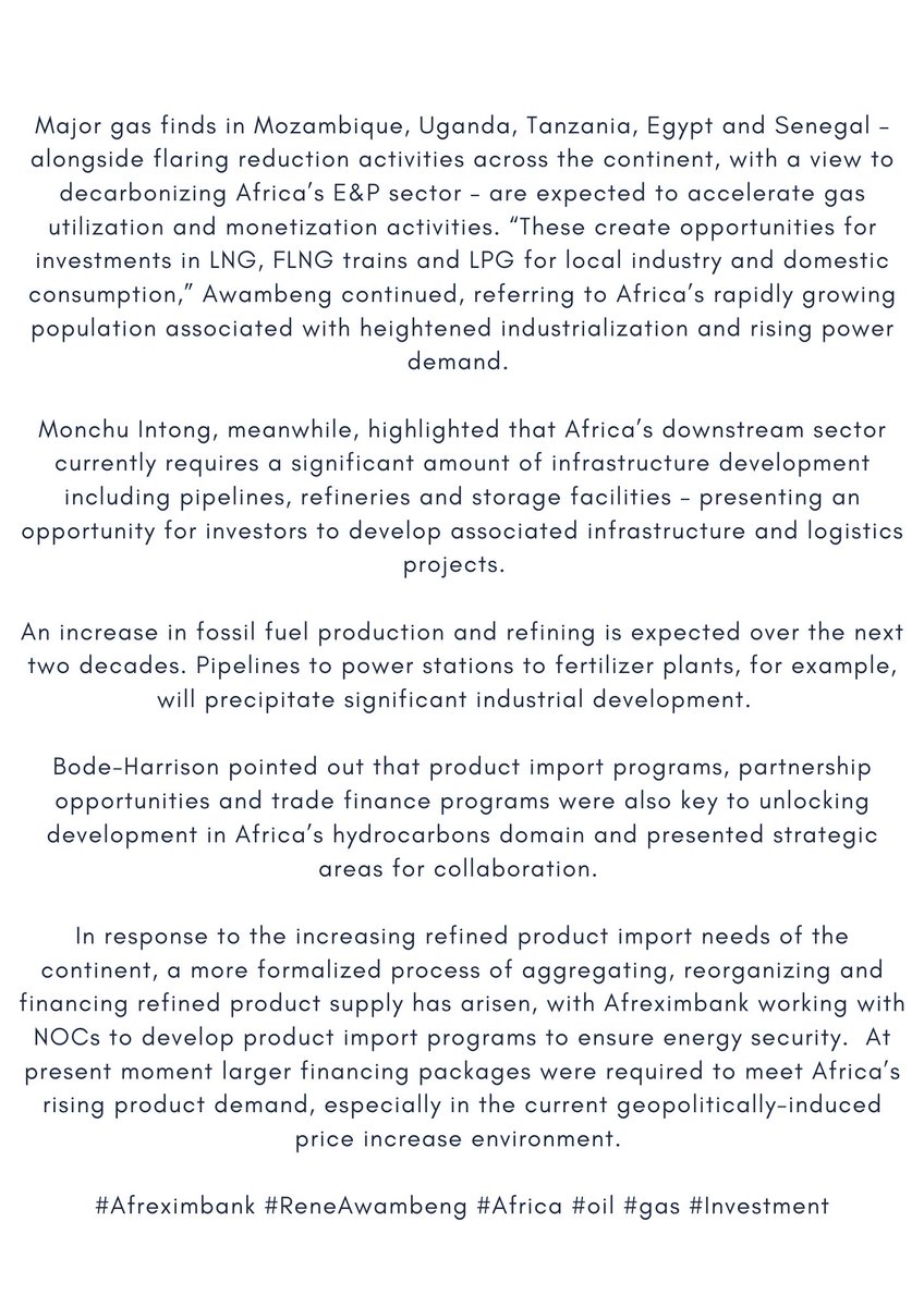 Major gas finds in Mozambique, Uganda, Tanzania, Egypt and Senegal – alongside flaring reduction activities across the continent, with a view to decarbonizing Africa’s E&amp;P sector.

#Afreximbank #ReneAwambeng #Africa #oil #gas #Investment