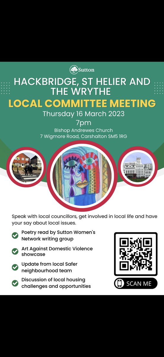 NorthSuttonCofM's tweet image. Local committee meeting St Helier, Hackbridge &amp;amp; The Wrythe
Speak to local councillors &amp;amp; have your say about local issues.
Special show case of art and poetry by Survivors of Domestic Abuse.
@SuttonWomen @SuttonCouncil @MPSStHelierZT  #hackbridge #TheWrythe #StHelier