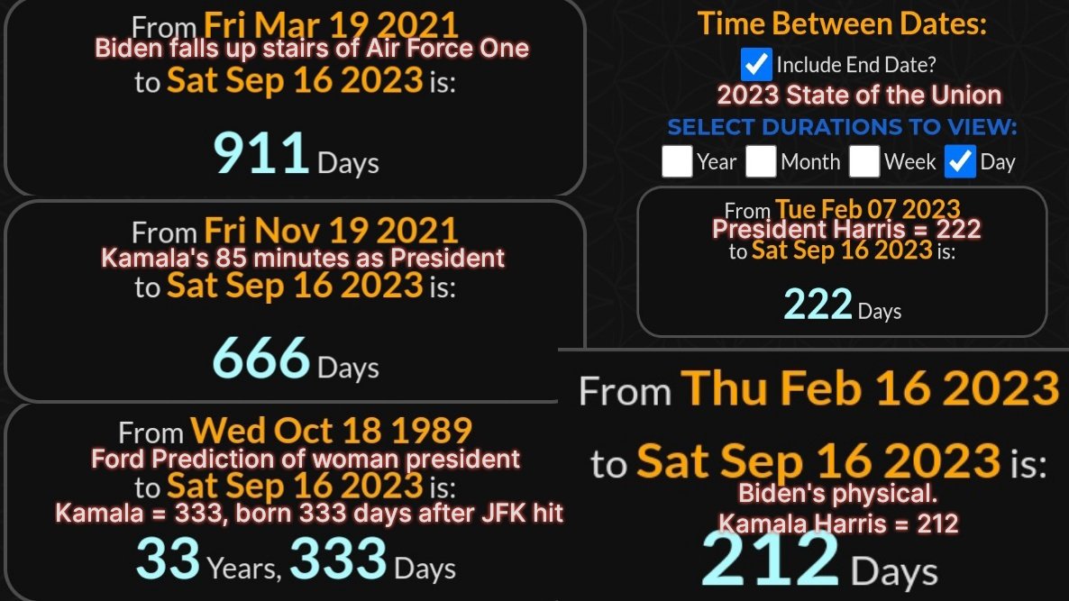 My guess for potential Biden 💀: 9/16
911 📅 after Biden's first 🛬 fall
666 days after Kamala's 85 mins as president
33 years 333 📅 after Ford's prediction of a female president 
222 📅 after State of the Union
212 📅 after Biden's physical
#gematria 
#presidentharris