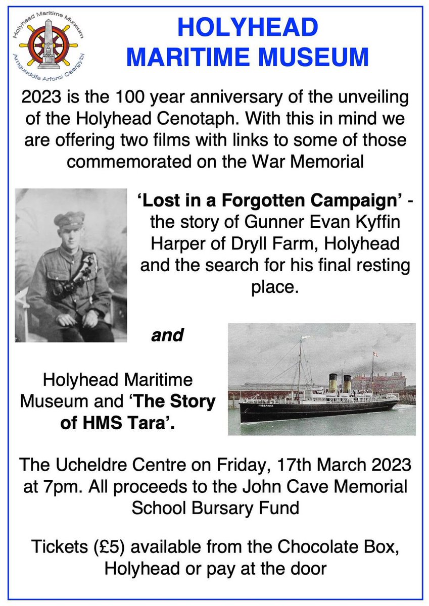 Come along and get a glimse of some of Holyhead's experiences during the Great War of 1914-18 and support a very worthy cause in the memory of one of the town's much respected citizens.